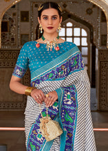 Load image into Gallery viewer, White &amp; Blue Patola Printed Soft Cotton Silk Saree with Zari Border
