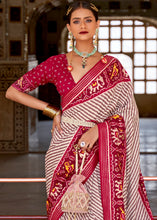 Load image into Gallery viewer, White &amp; Pink Patola Printed Soft Cotton Silk Saree with Zari Border