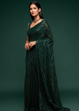 Cargar imagen en el visor de la galería, Sacramento Green Sequins &amp; Thread Embroidered Designer Georgette Saree