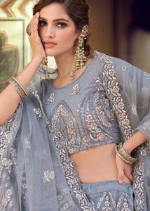 Pewter Grey Soft Net Lehenga Choli with Sequins, Thread, Zari & Dori work