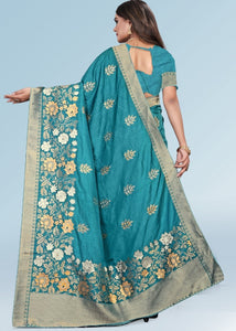 Baltic Blue Zari Woven Silk Saree with Tassels on Pallu