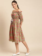 Load image into Gallery viewer, Off shoulder printed midi dress with front tie up