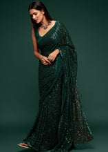 Cargar imagen en el visor de la galería, Sacramento Green Sequins &amp; Thread Embroidered Designer Georgette Saree