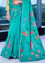 Laden Sie das Bild in den Galerie-Viewer, Cerulean Blue Floral Handprinted Organza Silk Saree