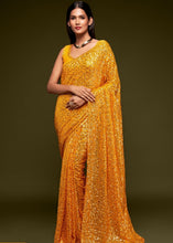 Laden Sie das Bild in den Galerie-Viewer, Golden Yellow Sequins &amp; Thread Embroidered Designer Georgette Saree