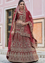 Laden Sie das Bild in den Galerie-Viewer, Maroon Red Velvet Lehenga Choli Having Heavy Embroidery &amp; Hand work: Bridal Edition