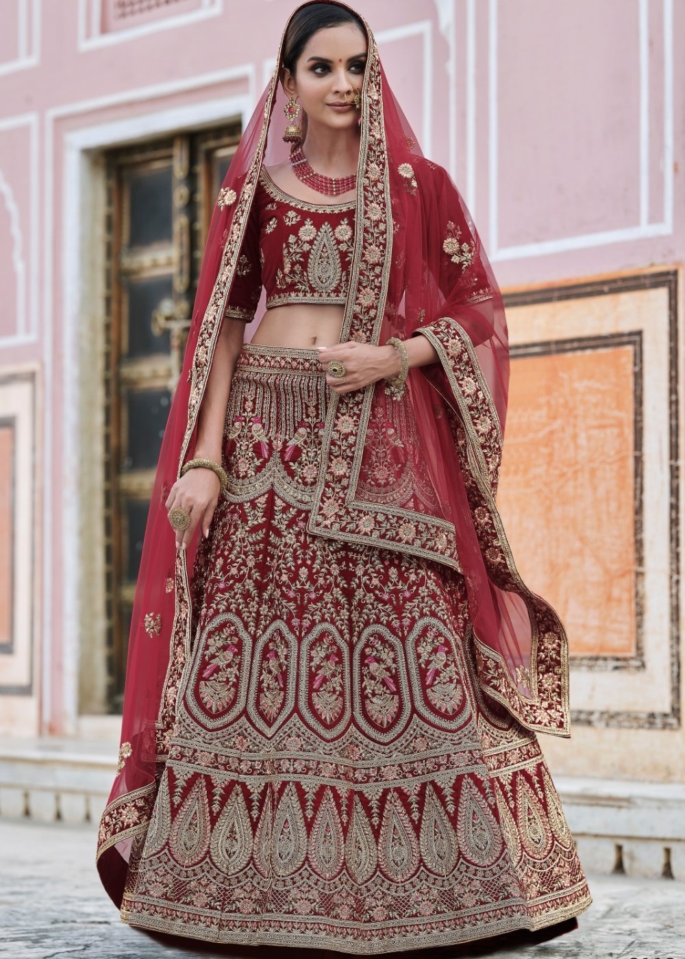 Maroon Red Velvet Lehenga Choli Having Heavy Embroidery & Hand work: Bridal Edition