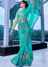 Laden Sie das Bild in den Galerie-Viewer, Cerulean Blue Floral Handprinted Organza Silk Saree