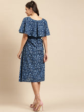 Load image into Gallery viewer, Cape sleeve printed midi dress with waist tie up