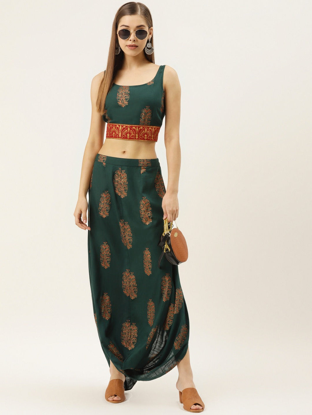 Crop top with cowl dhoti skirt