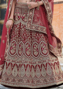 Maroon Red Velvet Lehenga Choli Having Heavy Embroidery & Hand work: Bridal Edition