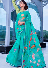 Laden Sie das Bild in den Galerie-Viewer, Cerulean Blue Floral Handprinted Organza Silk Saree