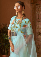 Load image into Gallery viewer, Baby Blue Digital Floral Print Organza Saree