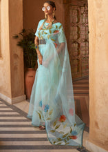 Load image into Gallery viewer, Baby Blue Digital Floral Print Organza Saree