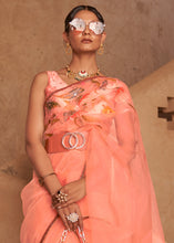 Load image into Gallery viewer, Coral Pink Digital Floral Print Organza Saree
