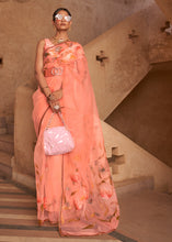 Load image into Gallery viewer, Coral Pink Digital Floral Print Organza Saree