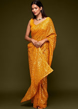 Carica l&#39;immagine nel visualizzatore Galleria,Golden Yellow Sequins &amp; Thread Embroidered Designer Georgette Saree