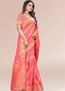 Brick Pink Zari Woven Silk Saree with Tassels on Pallu