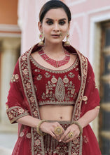 Laden Sie das Bild in den Galerie-Viewer, Maroon Red Velvet Lehenga Choli Having Heavy Embroidery &amp; Hand work: Bridal Edition