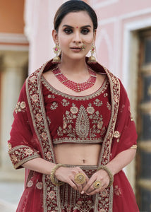 Maroon Red Velvet Lehenga Choli Having Heavy Embroidery & Hand work: Bridal Edition