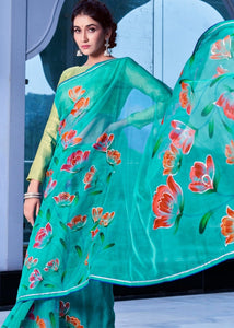 Cerulean Blue Floral Handprinted Organza Silk Saree