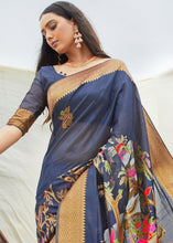 Load image into Gallery viewer, Navy Blue and Grey Handloom Woven Silk Saree