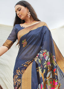 Navy Blue and Grey Handloom Woven Silk Saree