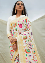 Load image into Gallery viewer, Off White Silk Floral Woven Saree