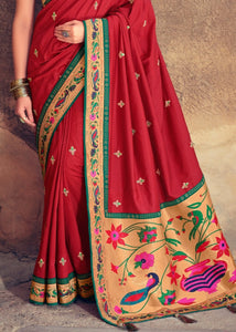 Crimson Red Woven Paithani Banarasi Silk Saree with Swarovski work & Embroidered Blouse