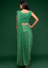 Carica l&#39;immagine nel visualizzatore Galleria,Shamrock Green Sequins &amp; Thread Embroidered Designer Georgette Saree