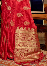 Load image into Gallery viewer, Cherry Red Pure Satin Woven Silk Saree with overall Golden Buti