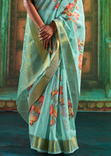 Cargar imagen en el visor de la galería, Deep Sky Blue Zari Woven Linen Silk Saree Having Floral Digital Print