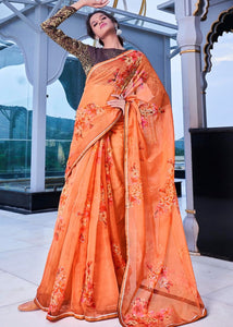 Amber Orange Floral Handprinted Organza Silk Saree