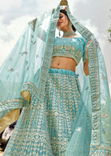 Laden Sie das Bild in den Galerie-Viewer, Light Turquoise Blue Organza Lehenga Choli with Zarkan,Gota,Zari &amp; Resham work