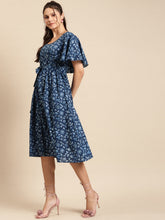 Load image into Gallery viewer, Cape sleeve printed midi dress with waist tie up