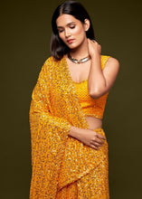 Cargar imagen en el visor de la galería, Golden Yellow Sequins &amp; Thread Embroidered Designer Georgette Saree