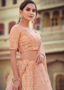 Salmon Orange Soft Net Lehenga Choli with Sequins, Thread, Zari & Dori work