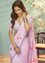 Load image into Gallery viewer, Light lavender Purple Soft Linen Silk Saree with Floral Brush Print