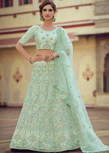 Laden Sie das Bild in den Galerie-Viewer, Mint Green Soft Net Lehenga Choli with Sequins, Thread, Zari &amp; Dori work