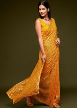 Laden Sie das Bild in den Galerie-Viewer, Golden Yellow Sequins &amp; Thread Embroidered Designer Georgette Saree