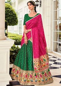 Bottle Green Banarasi Silk Lehenga Choli with Contrast Dupatta