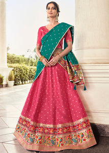 Gajjari Pink Banarasi Silk Lehenga Choli with Contrast Dupatta