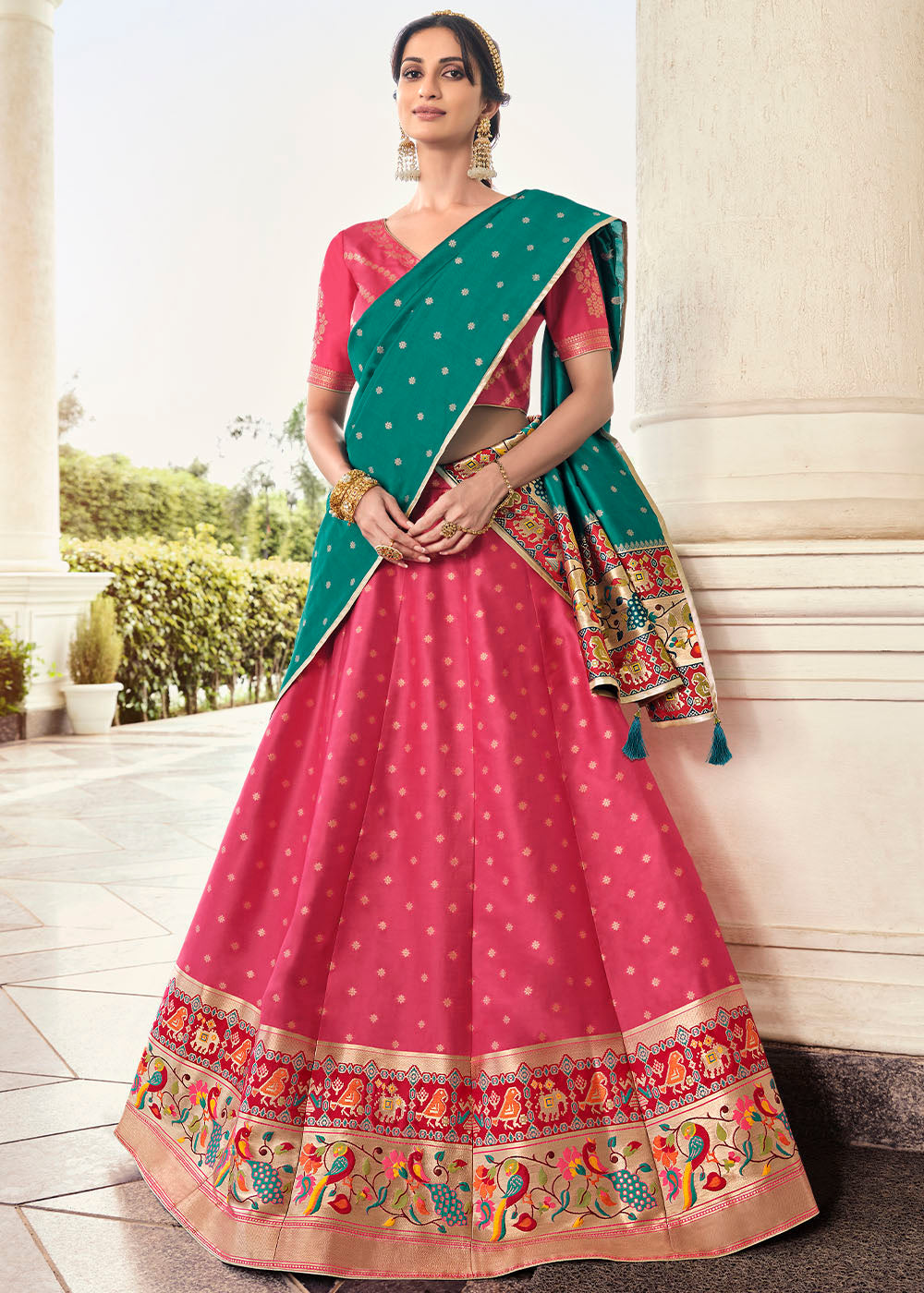 Gajjari Pink Banarasi Silk Lehenga Choli with Contrast Dupatta