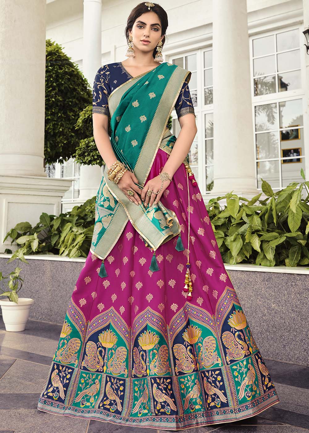 Magenta Pink Banarasi Silk Lehenga Choli with Contrast Dupatta
