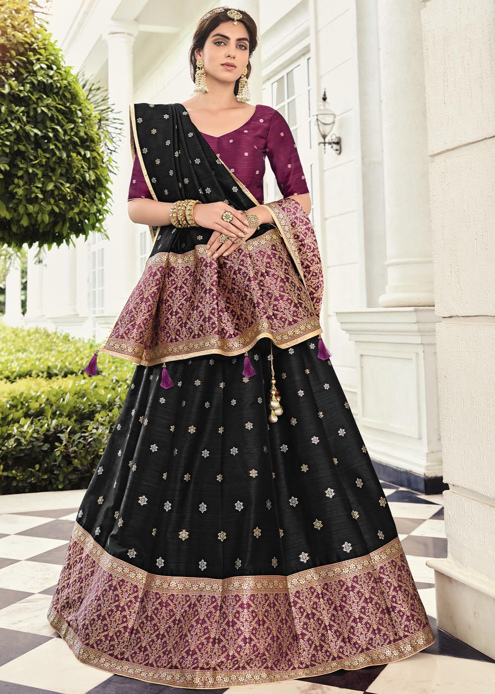 Midnight Black Banarasi Silk Lehenga Choli with Contrast Dupatta