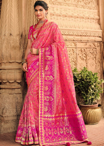 Brink Pink Woven Banarasi Silk Saree with Embroidered Blouse