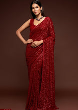 Laden Sie das Bild in den Galerie-Viewer, Scarlet Red Sequins &amp; Thread Embroidered Designer Georgette Saree