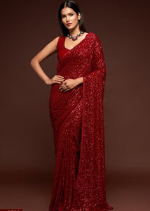 Scarlet Red Sequins & Thread Embroidered Designer Georgette Saree