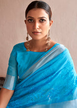Load image into Gallery viewer, Dodger Blue Floral Embroidered Linen Saree