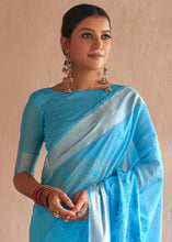 Load image into Gallery viewer, Dodger Blue Floral Embroidered Linen Saree
